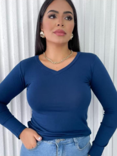 Blusa Feminina Manga Longa Gola V  BÃ¡sica e Estilosa