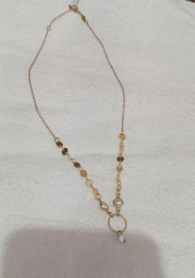 Colar Semijoia Dourado com PÃ©rolas, Discos e Pingente de Cristal