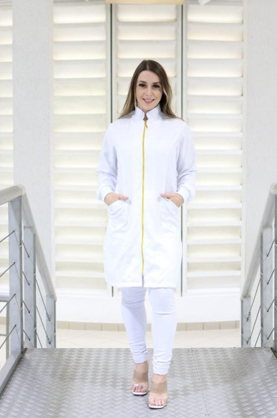 Jaleco Feminino Branco Gola Padre de Ziper Dourado