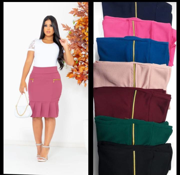 Saia Midi com ZÃÂ­per Dourado e Babado